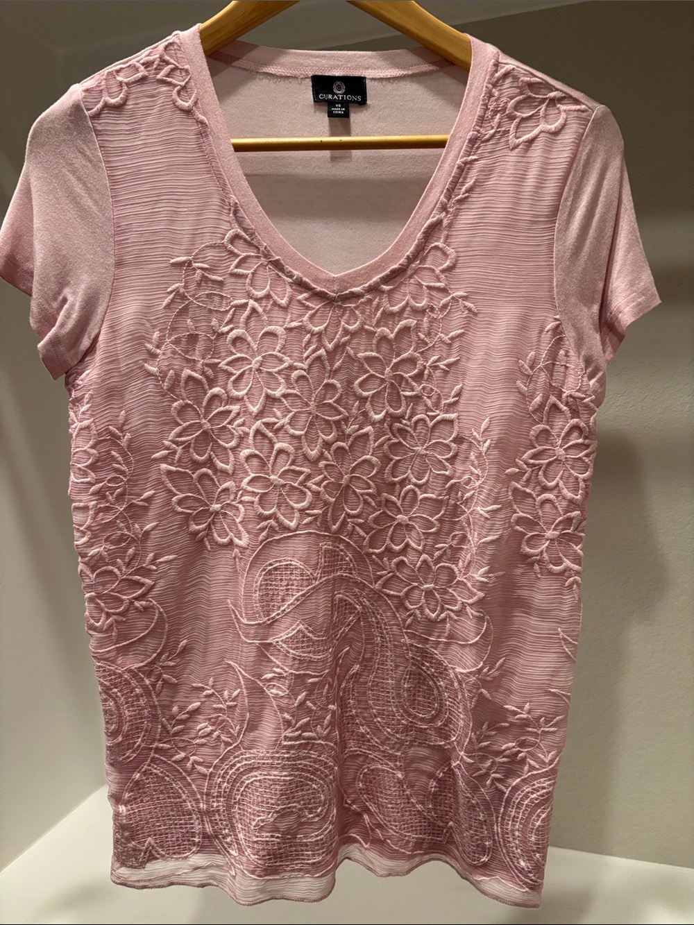 Curations Pink Floral Embroidered V-Neck Tee